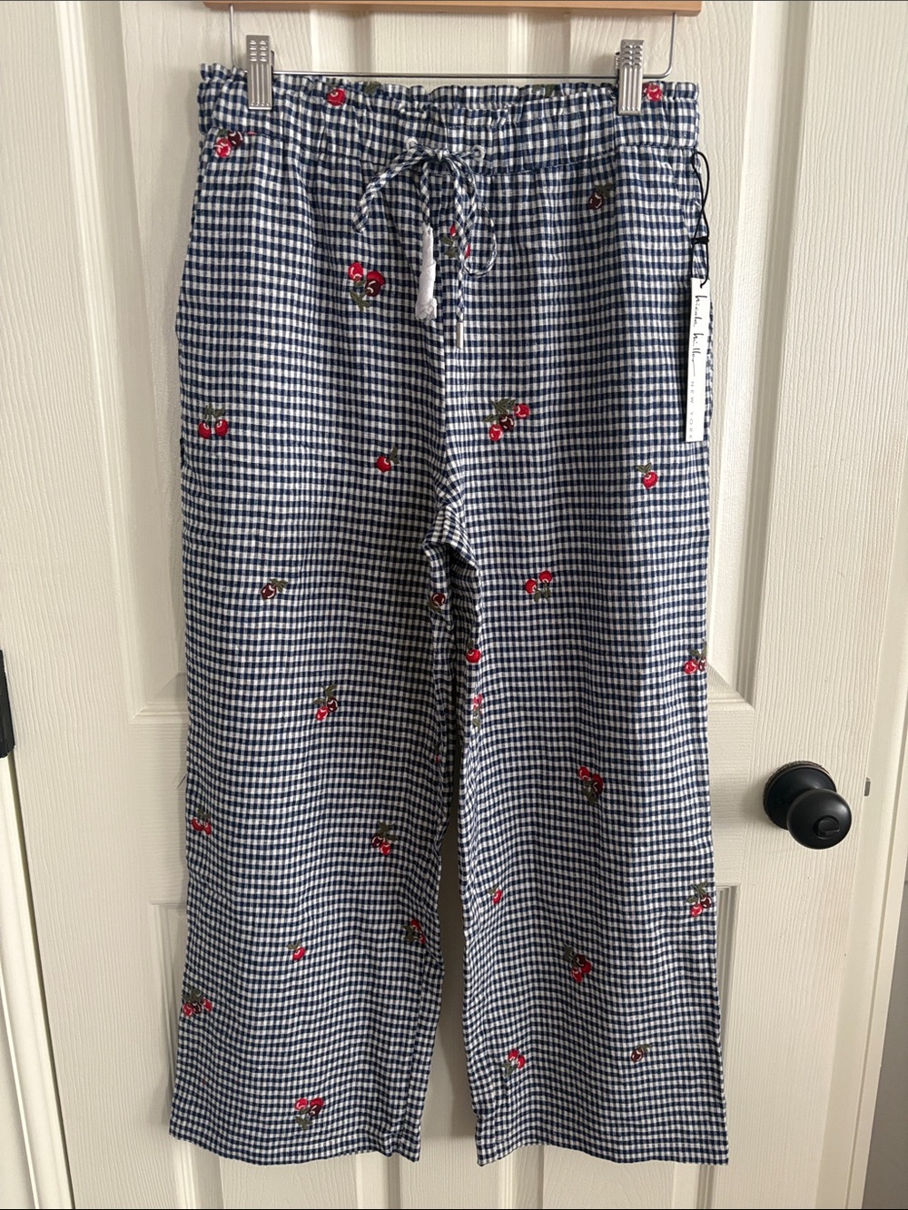 Nicole Miller Blue & White Gingham wide Leg Pants with Cherry Embroidered Accent